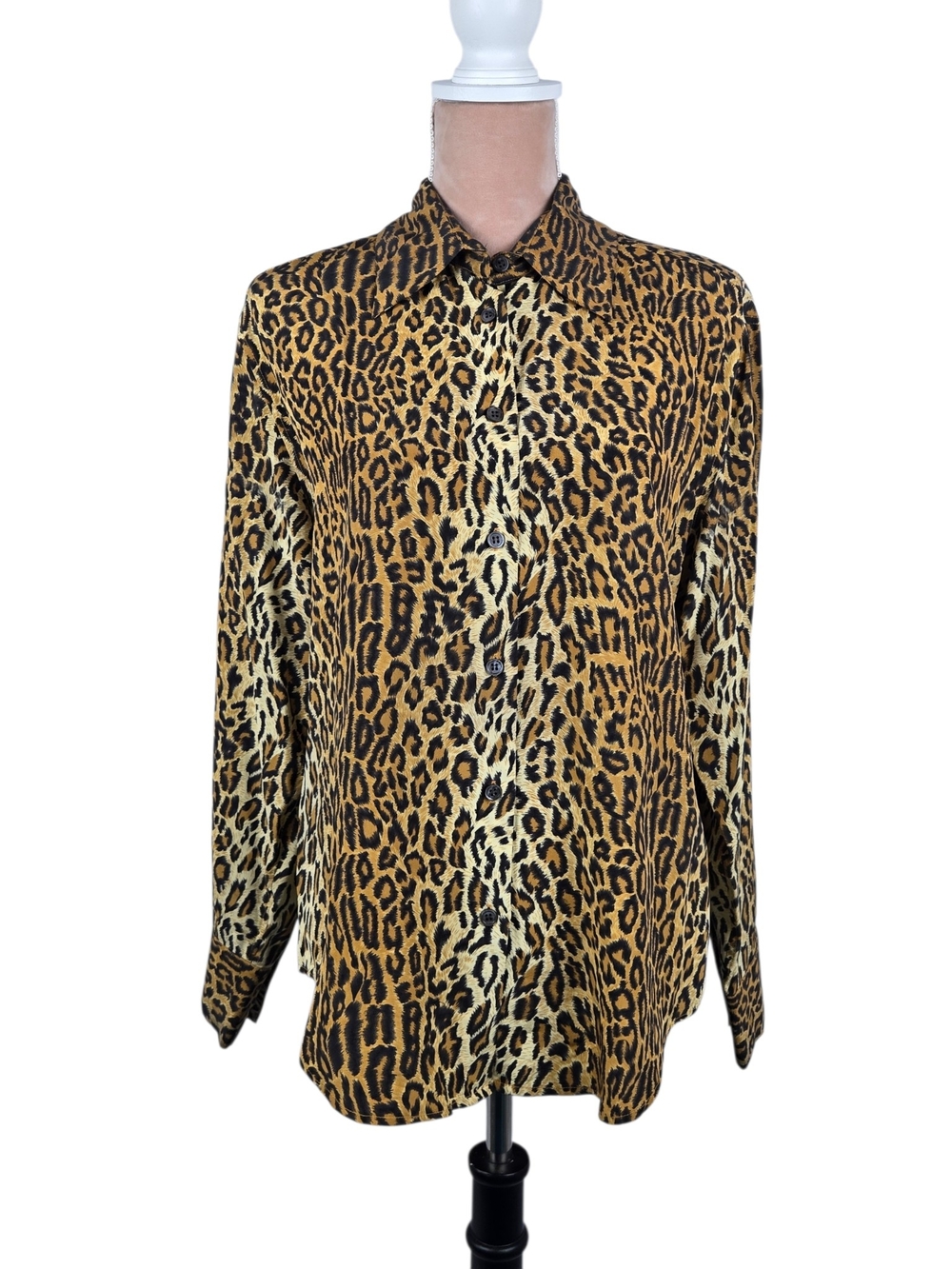 Vintage Jack Mulqueen Silk Leopard Print Blouse Size 12 Petite
